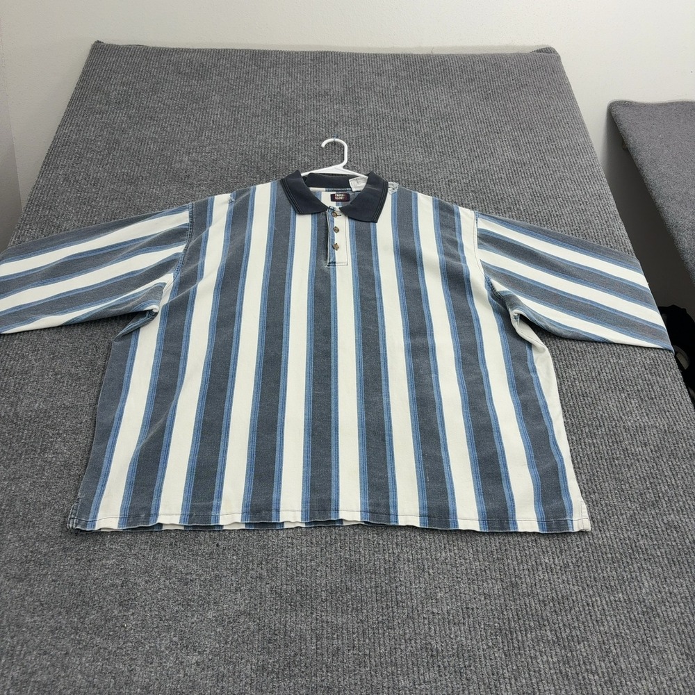 Vintage Faded Glory Polo Mens 2XL Navy Cotton Striped Long Sleeve Grunge Style